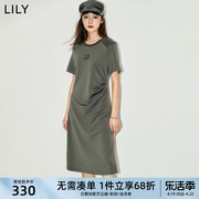 lily2024夏女装(夏女装)设计感褶皱气质，通勤款休闲复古显瘦收腰连衣裙