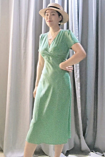清凉薄荷绿小格子雪纺茶歇裙夏季显瘦中长款法式连衣裙