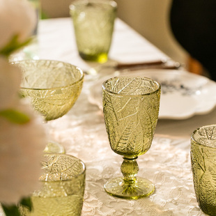 复古绿色叶子浮雕玻璃杯 红酒杯子冰淇淋饮料水果碗 葡萄酒杯家用