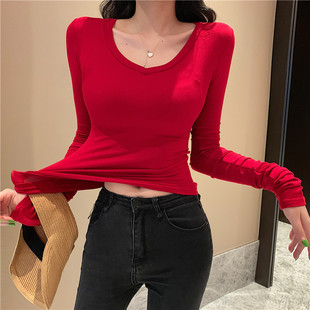 韩国时尚打底衫女修身性感紧身v领t恤长袖低胸，网红chic气质港风潮