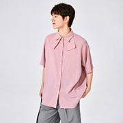 HTCU 双领粉色雪纺刺绣LOGO短袖衬衫女夏季显瘦百搭设计感上衣