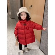 韩国女童新年棉衣加绒加厚外套洋气中长款儿童羽绒棉服女宝宝冬装