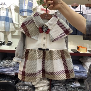韩国童装女童姐弟装可拆卸斗篷英伦风大格子拼接长袖连衣裙