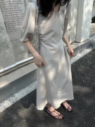 收腰连衣裙女欧洲站2024夏季法式气质显瘦方领泡泡袖纯色长裙