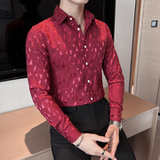 轻奢男士个性菱形图案衬衫百搭酒红修身长袖春季潮男时尚寸衣长袖