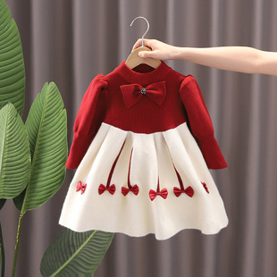 女童连衣裙秋冬款，2024女宝宝礼服红色拜年服儿童，冬装公主裙子