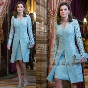 高级定制西班牙王妃同款拼接蕾丝，天蓝色西装套装，裙女两件修身气质