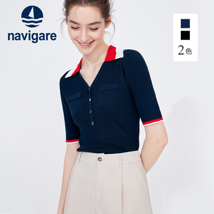 Navigare意大利小帆船蓝色休闲针织短袖T恤女夏季撞色翻领体恤衫