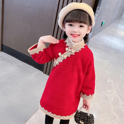 女童旗袍裙拜年服秋冬季儿童，新年衣服红色洋装中国风小女孩过年