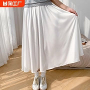 白色半身裙女夏季2024高腰a字显瘦中长款小个子百褶气质长裙
