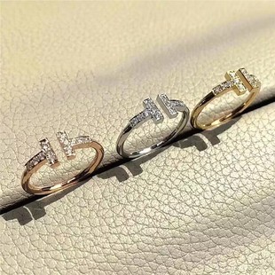 品牌双t字母戒指18k玫瑰金钻石情侣男女对戒轻奢开口指环