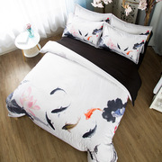 中国风山水墨画印图床上用品四件套1.8床笠中式加大2米被罩床单款