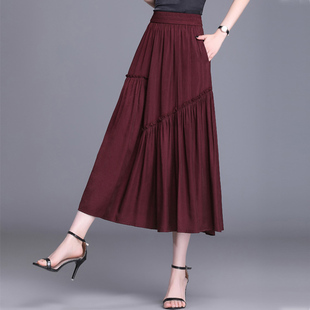 半身裙女2024夏季高腰裙子，拼接中长款a字半裙酒红色半身长裙