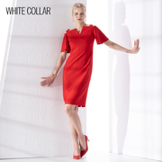 白领女士红色简约气质显瘦宽吊带露肩短袖礼服连衣裙MASHA22-305