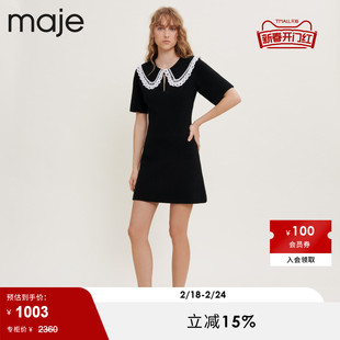 majeoutlet春秋女装法式时尚，娃娃领针织黑色，短袖连衣裙mfpro02263