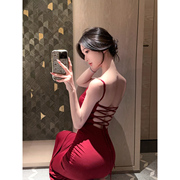 DFAY 酒红 连衣裙显白性感弹力收腰修身显瘦气质吊带长裙女装夏季