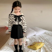 韩版童装2023春季学院风海军领条纹毛衣女童百褶裙套装洋气潮