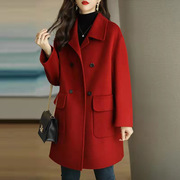大码女装秋冬红色中长款时尚呢子外套胖mm200斤宽松显瘦毛呢大衣
