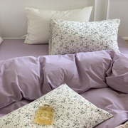 猫咪日记田园风温柔紫混搭水洗棉四件套学生全棉三件套床上用品