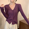 ins韩版复古高级感洋气气质修身显瘦长袖V领别致紫色针织衫上衣女