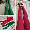 新年款 大红针织连体裤袜正红色长袜打底裤袜圣诞绿色潮袜高筒袜