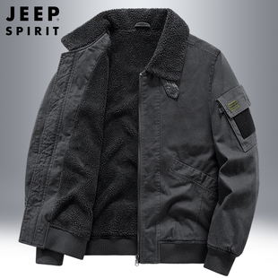 jeep工装加绒加厚外套，男士冬季保暖纯棉翻领，棉服休闲运动夹克