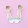 夏季淡蓝色蝴蝶结珍珠水钻一字式扣带露趾时装女鞋粗中高跟鞋