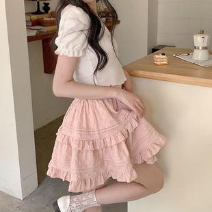 酱果自制日系甜美少女夏季高腰半身裙蛋糕裙短裙粉红色大摆