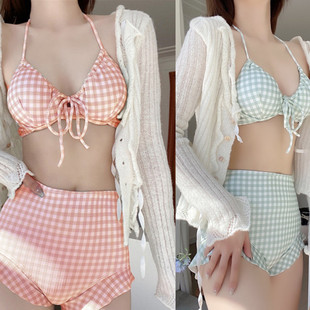 少女泳衣女夏分体两件套小清新格子比基尼BIKINI性感法式温泉泳装