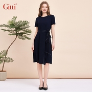 Gitti/吉蒂时尚竖条纹收腰显瘦连衣裙女束腰花边裙子G241177