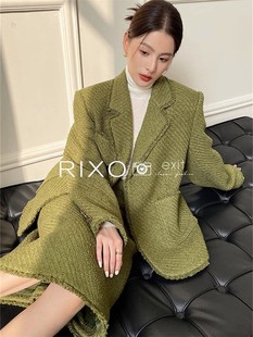 RIXO EXIT法式小香风高级感绿色毛呢西装连衣裙套装秋冬气质搭配
