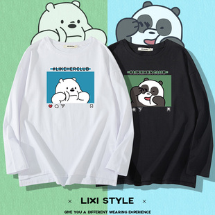 港风卡通小熊猫印花个性情侣装，长袖t恤男女宽松可爱韩版学生上衣