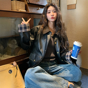 300斤大码女装胖mm黑色皮衣外套女春秋新款复古休闲显瘦上衣夹克