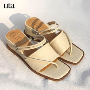 uta夹脚凉鞋 两穿坡跟夏季中跟外穿法式真皮复古罗马手工女鞋