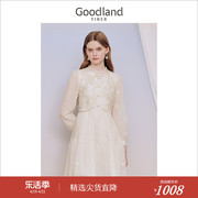 假两件Goodland美地女装2023秋季蕾丝中绣花肌理钉珠连衣裙