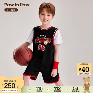 pawinpaw卡通小熊童装2024年夏男童(夏男童)撞色篮球风假两件运动套装