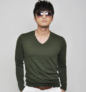 定制秋季韩版男士修身V领军绿色长袖T恤纯棉打底衫低领紧身t