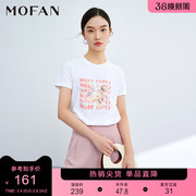 mofan摩凡春夏优雅甜美白色字母印花显瘦上衣女，韩版短袖t恤