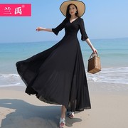 裙子女2024夏黑色连衣裙大摆仙女长裙三亚海边度假沙滩裙超仙