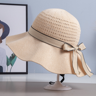 米色夏天棉麻镂空遮阳帽，春季旅游防晒凉帽子，女士洋气可折叠渔夫帽