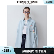 teenieweenie小熊女装2024春装棉质，宽松牛仔衬衫甜美长袖上衣