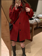 红色高级感呢子大衣2023秋冬装韩系搭配显高小个子毛呢外套女短款