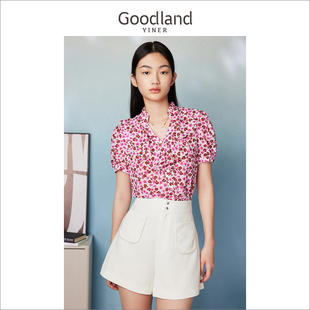 goodland美地女装夏季玫，红波点荷叶，边短袖印花衬衫上衣