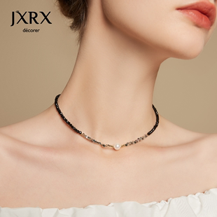 jxrx轻奢小众黑色水晶项链女颈链，锁骨链天然珍珠单坠吊坠脖子配饰