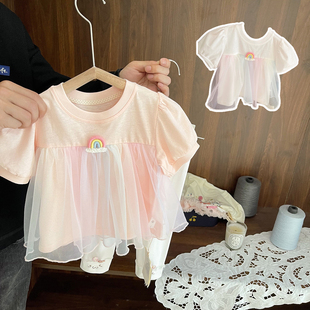 女宝宝超甜彩虹短袖，薄款上衣女童夏装女婴儿，超仙网纱裙摆纯棉t恤