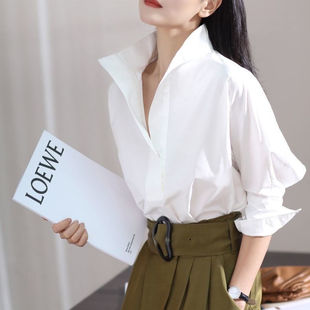 2023春秋韩版蝙蝠七分袖衬衫，女宽松立领白衬衫，时髦有范上衣女
