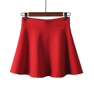 品牌撤柜 女装秋冬红色羊毛呢高腰A字版显瘦短裙伞裙打底半身裙