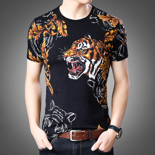 欧洲站T男短袖3D立体印花潮动物图案棉质t恤半袖上衣虎头霸气男装