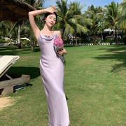 醋酸缎面香芋紫吊带连衣裙女夏季名媛气质打底包臀长裙高级感裙子