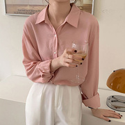 百思朵ins甜美蜜桃粉衬衫女春夏，薄款垂坠感设计感浅粉色长袖衬衣
